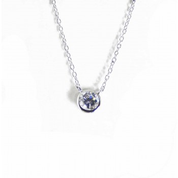 Sterling Silver Necklace 16 In. 5mm Clear Cubic Zirconia Solitaire +2 In. Extensio