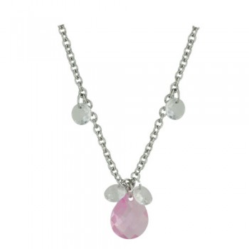 Sterling Silver Necklace Chess Cut Tear Drop Pink Cubic Zirconia+4 Small Clear Cubic Zirconia