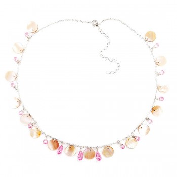 Sterling Silver Necklace Multicolor Pink Mother of Pearl Disc with 12 Pink Cubic Zirconia