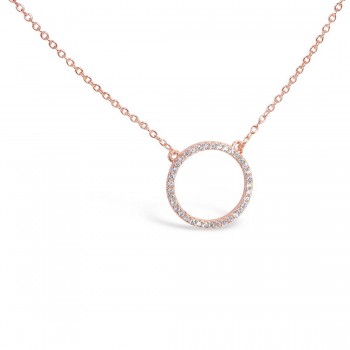 Sterling Silver Necklace Clear Cubic Zirconia Open Circle 16+2" Rose Gold P