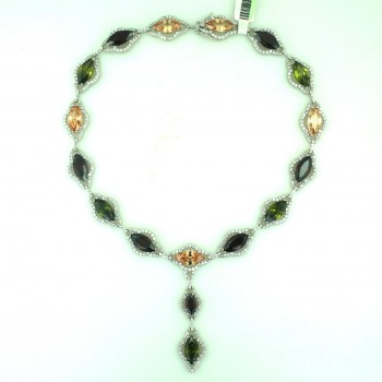 Sterling Silver Necklace Marquis Garnet, Champagne,Olivine Cubic Zirconia with Cubic Zirconia
