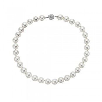 Sterling Silver Necklace 32 (12mm) White Mother of Pearl Pearl with 1 Clear Cubic Zirconia F