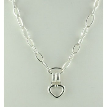 Sterling Silver Necklace Open Oval Chain with Plain Heart--E-Coa