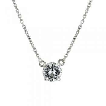 Sterling Silver Necklace 6mm Round Clear Cubic Zirconia with Chain 16+2"