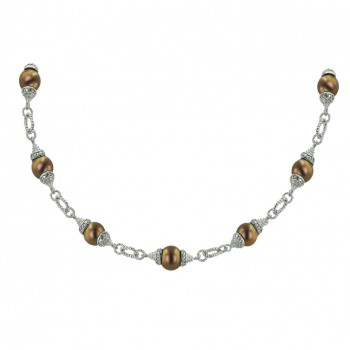 Sterling Silver Necklace 12 (10mm) Coffee Pearl with Clear Rope Oval