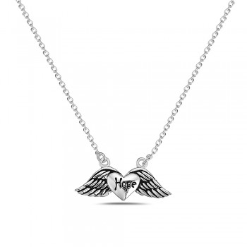 Sterling Silver Necklace Oxidized Wings Heart with "Hope" Word