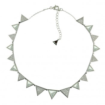 Sterling Silver Necklace 17'' White Mother of Pearl+Clear Cubic Zirconia Triangles Bezel Set-