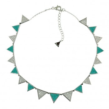 Sterling Silver Necklace 17'' Faux Turquoise+Clear Cubic Zirconia Triangles Bezel Set--R