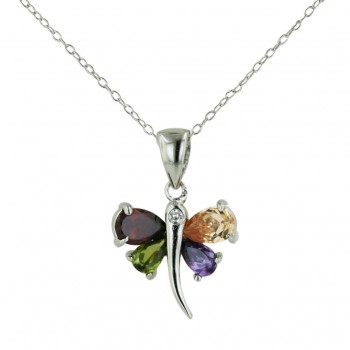 Sterling Silver Necklace 16 In. Garnet +Champagne+Olivine+Ame Cubic Zirconia Dragonfly with 8 Prong