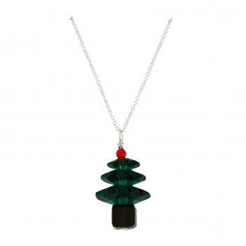Sterling Silver Necklace Red+Green+Coffee Crystal Christmas Tre
