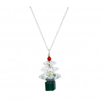 Sterling Silver Necklace Red+White+Green Crystal Christmas Tree