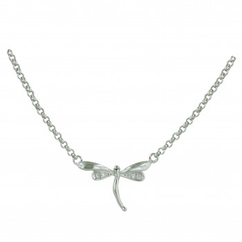Sterling Silver Necklace 16+2 In. Chain with Silver+Clear Cubic Zirconia Dragonf