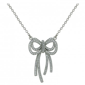 Sterling Silver Necklace (W=20mm) Micropave Double Clear Cubic Zirconia Bow with
