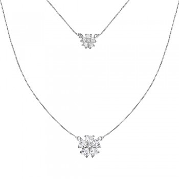 Sterling Silver Necklace 24 In. Box Chain Clear Cubic Zirconia Flower Petals both En