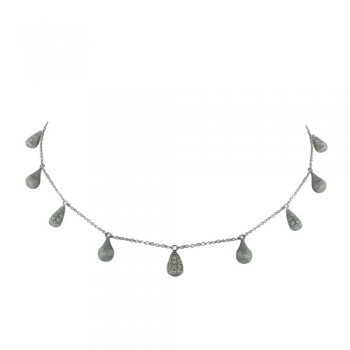 Sterling Silver Necklace with Rotation of Cubic Zirconia Teardrop and Brush