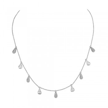 Sterling Silver Necklace with Rotation of Cubic Zirconia Teardrop and Brush