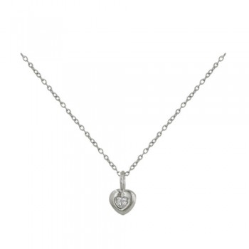 Sterling Silver Necklace 16" Chain with 6-6mm Bezel Heart Clear Cubic Zirconia