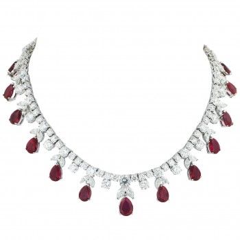 Sterling Silver Necklace Ruby Tear Drop with Clear Cubic Zirconia