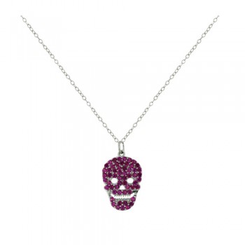 Sterling Silver Necklace Fuchsia Cubic Zirconia Paved Smiling Skull