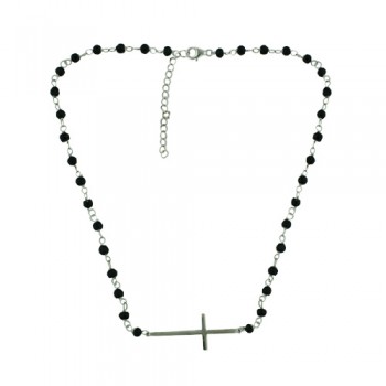 Sterling Silver Necklace Sideway Cross on Onyx Bead Chain