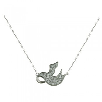 Sterling Silver Necklace Cubic Zirconia Pave Dove on Center of Chain