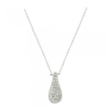 Sterling Silver Necklace Puffy Teardrop Clear Cubic Zirconia Paved Front