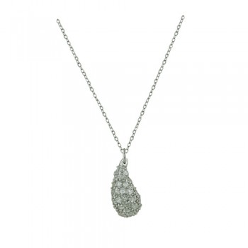 Sterling Silver Necklace Puffy Bent Teardrop Paved in Clear Cubic Zirconia