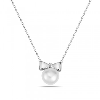 Sterling Silver Necklace Silver Bow 10mm Potato Fresh Water Pearl
