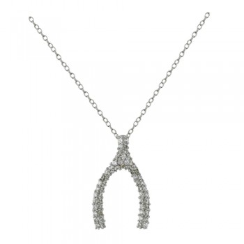 Sterling Silver Necklace Clear Cubic Zirconia Paved Wishbone on 16"+2" Chain