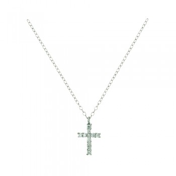 Sterling Silver Necklace 12mm Cross with Clear Cubic Zirconia