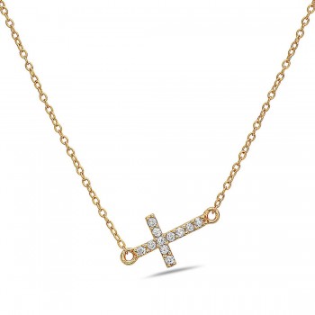 Sterling Silver Necklace 18mm Sideway Gold Cross with Clear Cubic Zirconia