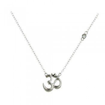 Sterling Silver Necklace Plain Silver Om Symbol with Rd Clear Cubic Zirconia