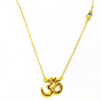 Sterling Silver Necklace Plain Om Symbol with Rd Clear Cubic Zirconia -Gd Plate-