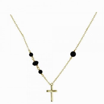Sterling Silver Necklace Cross with Black Agate Beads Gold Plated