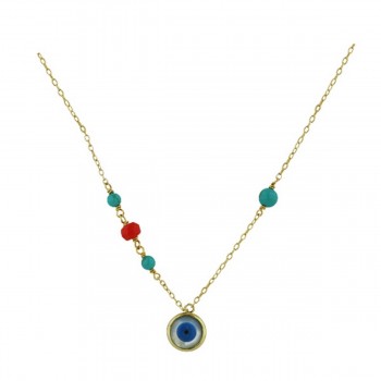Sterling Silver Necklace Mother of Pearl Eye with Re-Con Turquoise+Sea Bamboo Bead