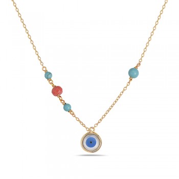 Sterling Silver Necklace Mother of Pearl Eye with Re-Con Turquoise+Sea Bamboo Bead