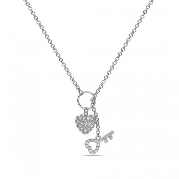 Sterling Silver Necklace Clear Cubic Zirconia Paved Heart Lock+Key Toggle