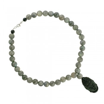 Obsidian Guan-Yin Labradorite Bead Necklace