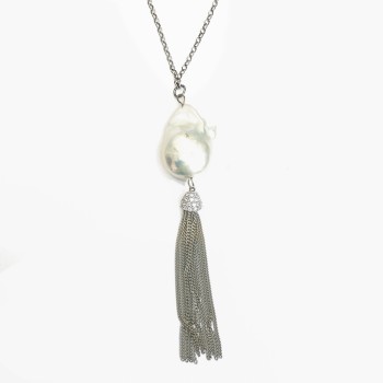 Sterling Silver Necklace Baroque Pearl Clear Cubic Zirconia Cap with Tassel