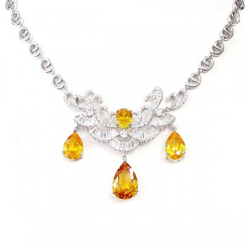 Sterling Silver Necklace Canary Teardrop+Oval Curls with Clear Cubic Zirconia