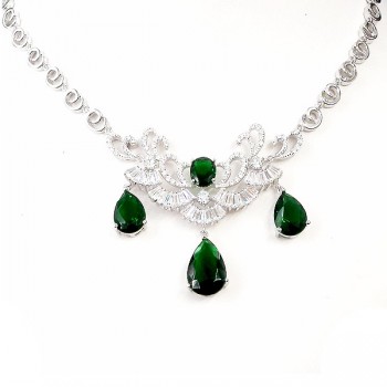 Sterling Silver Necklace Green Teardrop+Oval Curls with Clear Cubic Zirconia