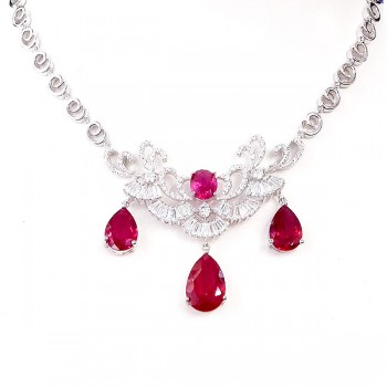 Sterling Silver Necklace Ruby Teardrop+Oval Curls with Clear Cubic Zirconia