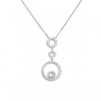Sterling Silver Necklace Vary Size Circle Plain+Clear Cubic Zirconia-Rhodium Plating-