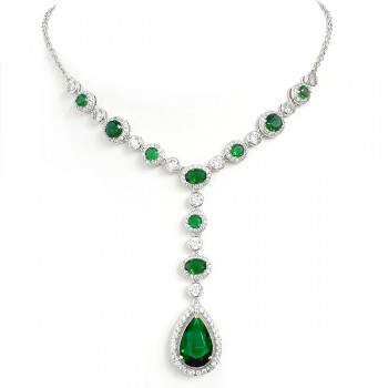 Sterling Silver Necklace Rd/Td/Oval Green in Clear Cubic Zirconia Bezel