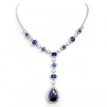 Sterling Silver Necklace Rd/Td/Oval Blue Glass in Clear Cubic Zirconia Bezel
