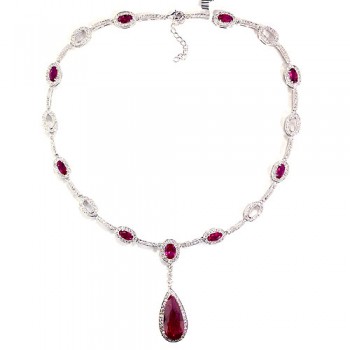 Sterling Silver Necklace Ruby Tear Drop with Clear Cubic Zirconia Around