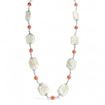 Sterling Silver Necklace Coral Bead+Wht Fresh Water Pearl (Irregular)