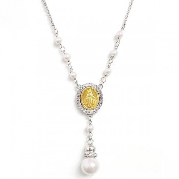 Sterling Silver Necklace Rosary Faux Pearl Drop 2 Tones-Gd+Rhodium Plating