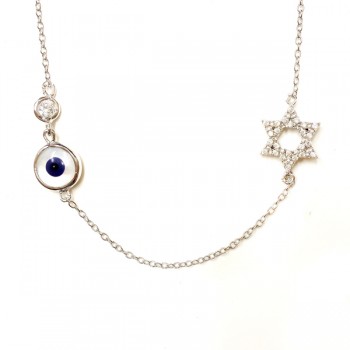 Sterling Silver Necklace D. Blue Eye with Open Clear Cubic Zirconia Star of David