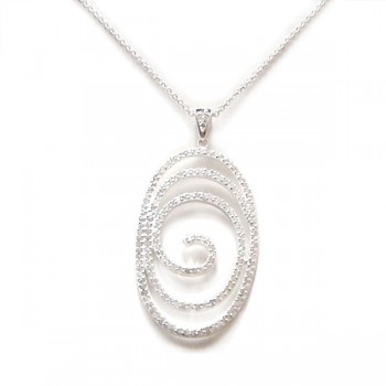 Sterling Silver Necklace 30 in Oval Swircl Cubic Zirconia Drop-E-coated